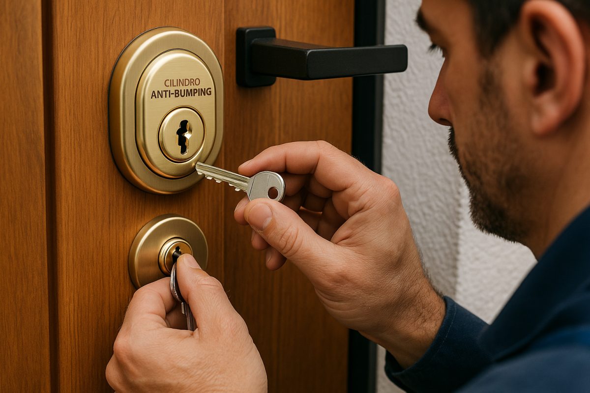 Cerradura anti bumping segura en una puerta moderna en España