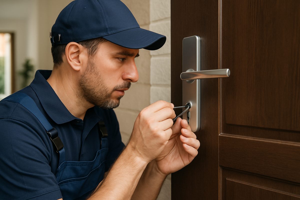 Cerrajero trabajando en una cerradura moderna en una casa española
