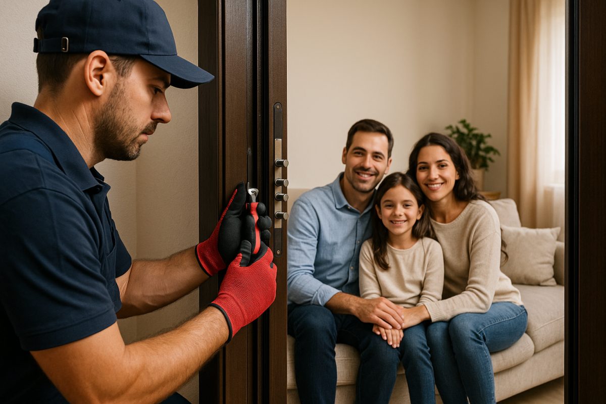 Familia segura en su hogar español con nueva puerta de seguridad