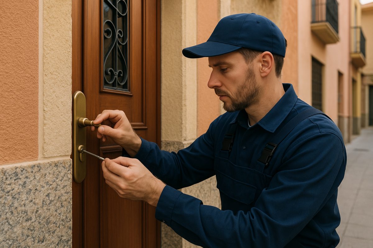 Entrada de un edificio residencial en España con puerta cerrada