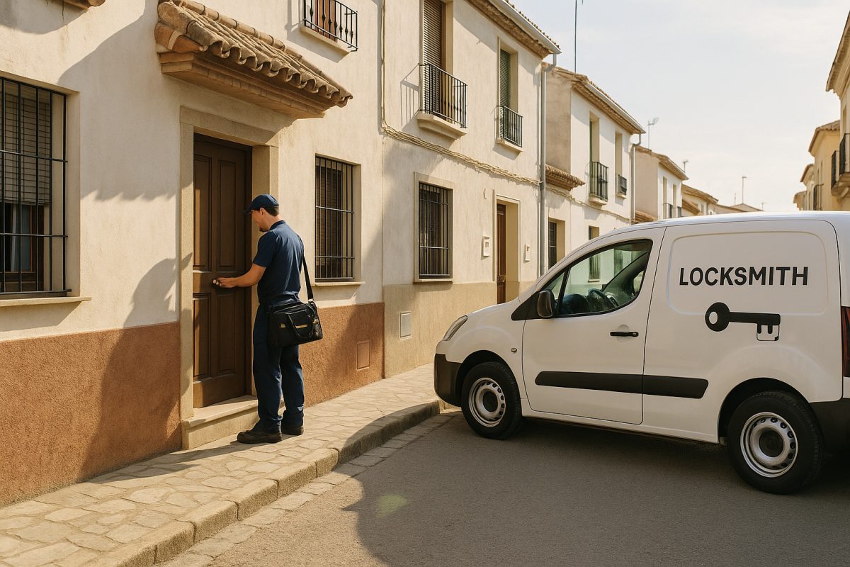 Calle española con casas típicas y una furgoneta de cerrajero aparcada